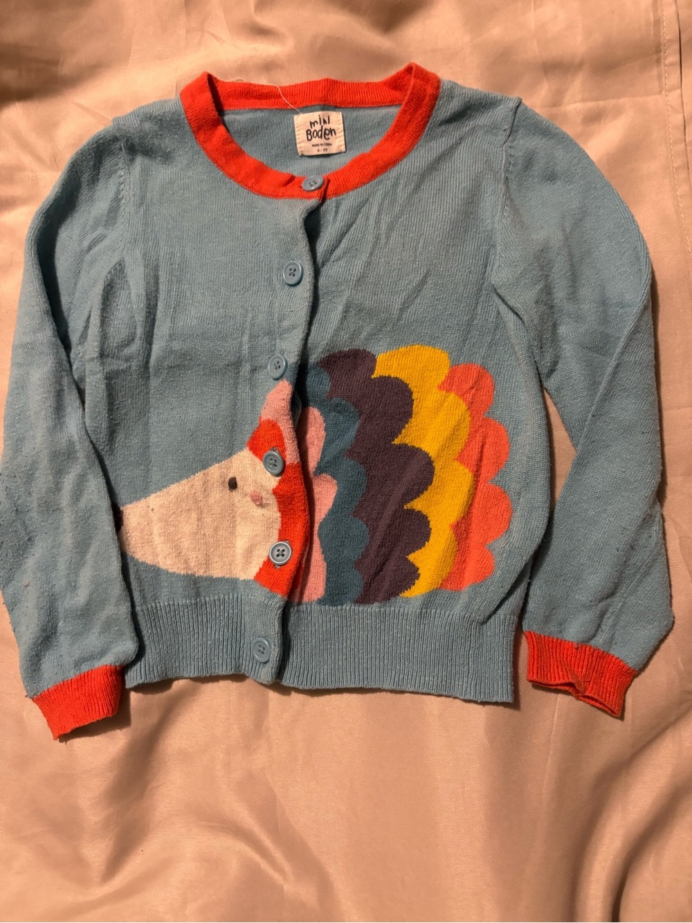 Mini Boden Light Blue Hedgehog Cardigan with Coral Trim